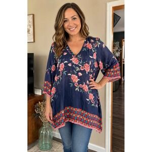 Johnny Was 100% Cupra Rayon Floral Tunic Blouse Med Boho V-Neck Approx MSRP $248